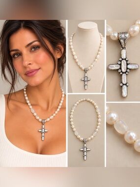 Jay King 925 Sterling Silver Pearl & Mother of Pearl Cross Pendant Necklace 20"